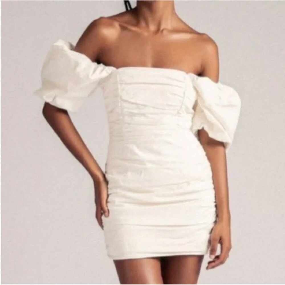 MESHKI Ellie Natural Ruched Puff Sleeve Linen White Mini Dress